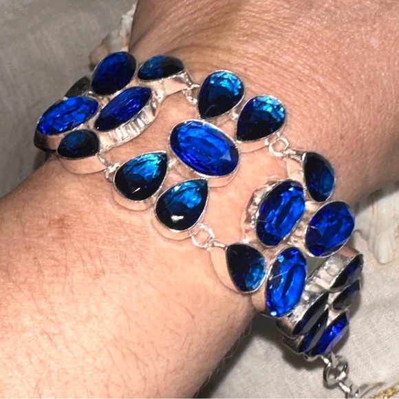 Sophisticated London Blue Topaz multi-gem cluster statement cuff Bracelet - Picture 6 of 12